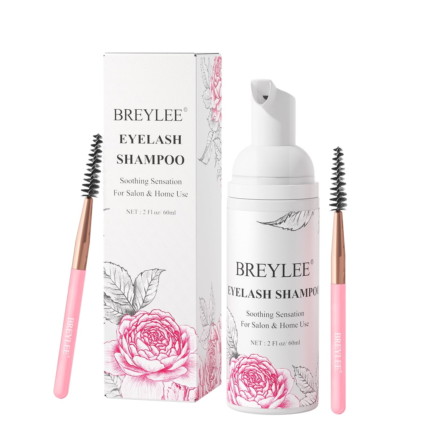 BREYLEE Rose Eyelash Extensions Shampoo 60ml+Rinse Bottle+Wand+Brush E