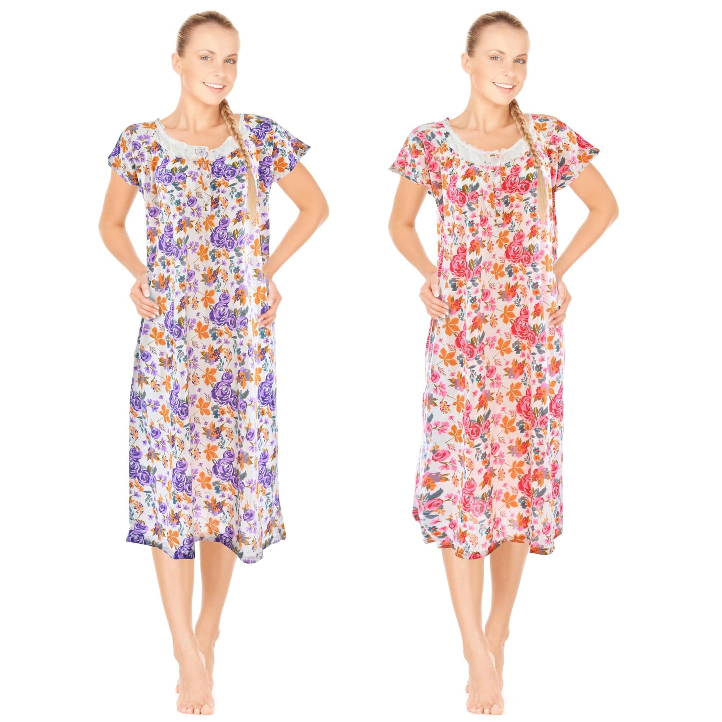 JEFFRICO Womens 2 Pack Nightgowns Short Sleeve Sleepwear Soft Pajama D