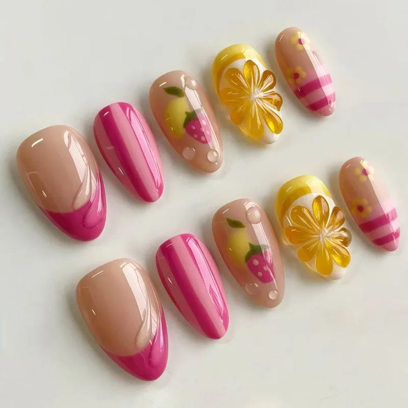 24PCS Spring Summer Pink French Press on Nails Fresh Lemon Strawberry Design Fake Nails for Women Sweet Fruit Almond False Nails