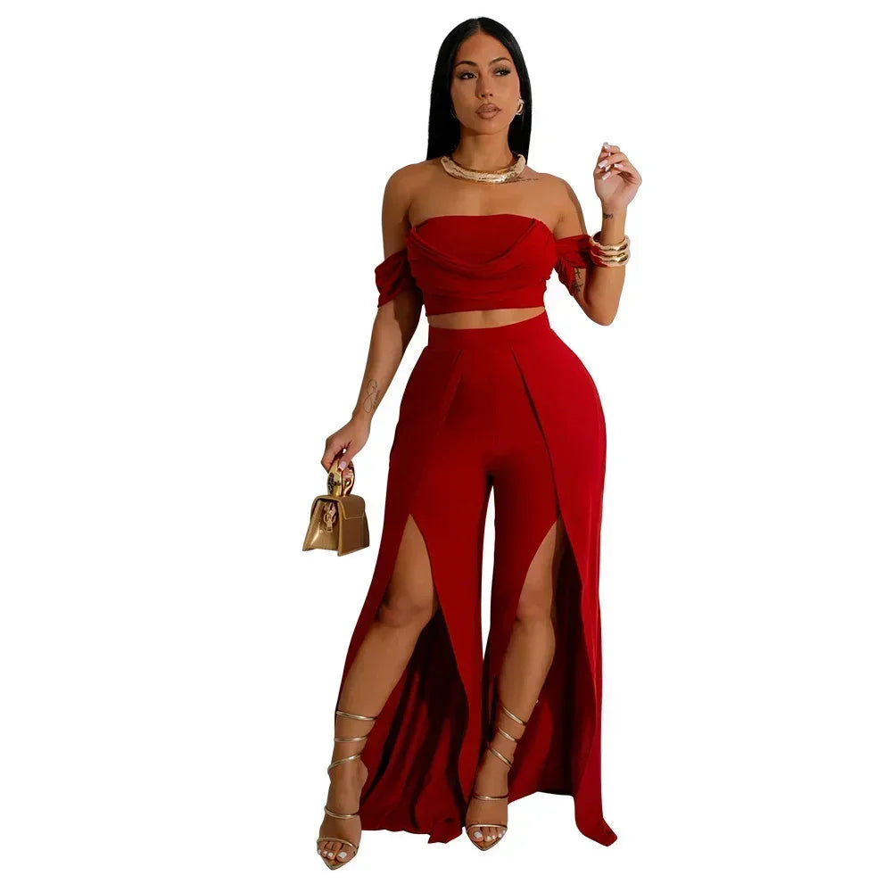 Women's Set Short Sleeve Slash Neck Ruched Tops and Wide Leg split Pants 2025 Street Two 2 Piece Sets Outfit Tracksuits