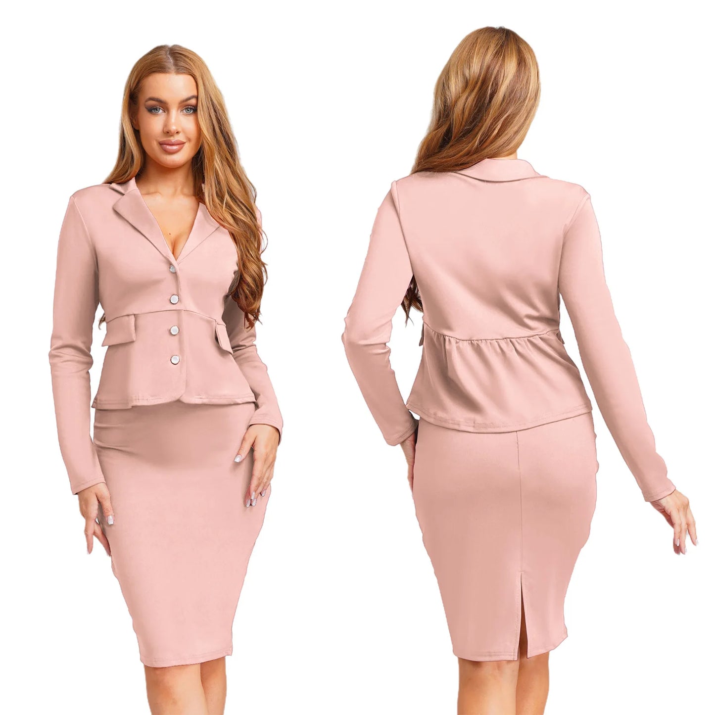 Women 2 Piece Business Formal Skirt Suits Long Sleeve Lapel Blazer Coat with Pencil Skirts for Office Work Banquet Wedding Party