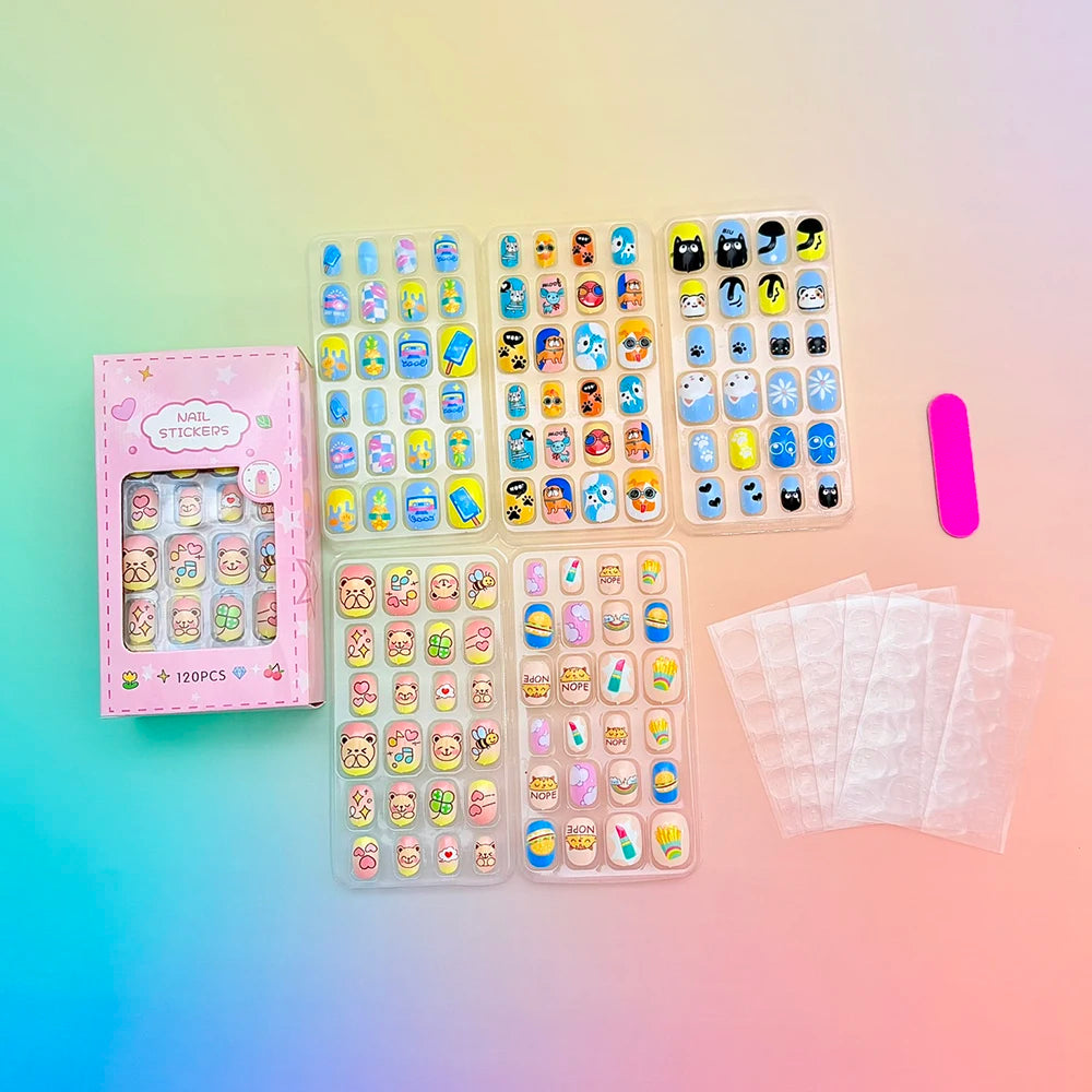 120pcs Cartoon Press On Nails For Kids Cute Children's Pink Acrylic Artificial Fale Nails With Glue&File Girls Gift-Fake Nails