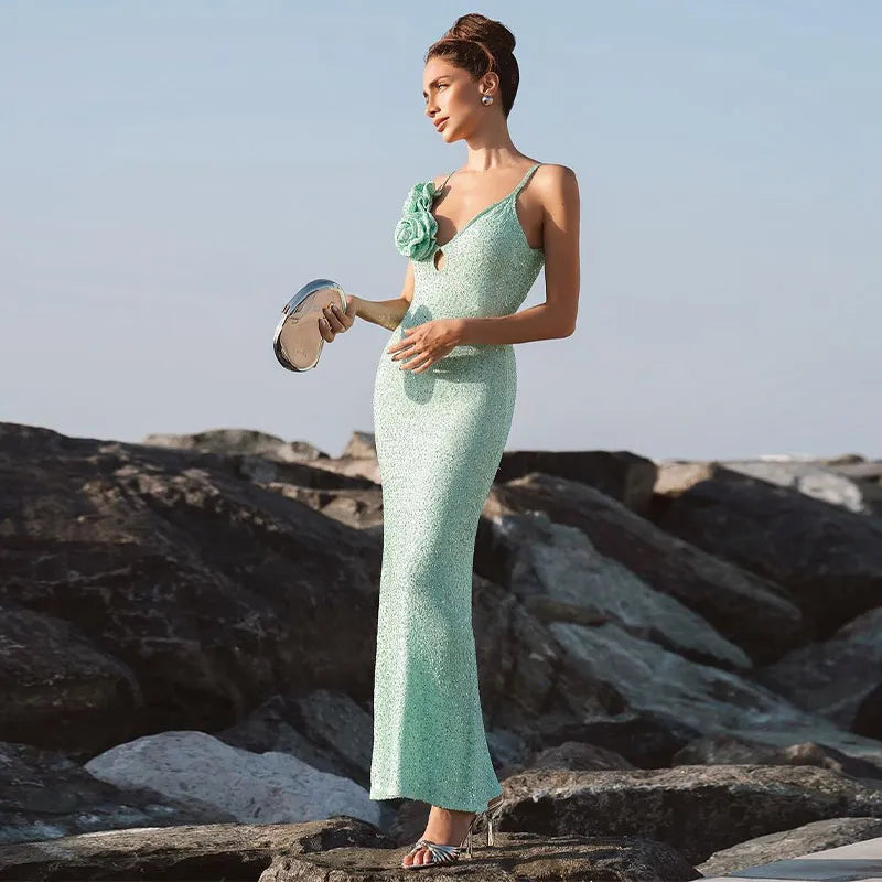 Summer Holiday Elegant Green Sequin Maxi Dress For Women Chic Backless Sleeveless Sling Boycon Robe 2024 Female Beach Vestdios