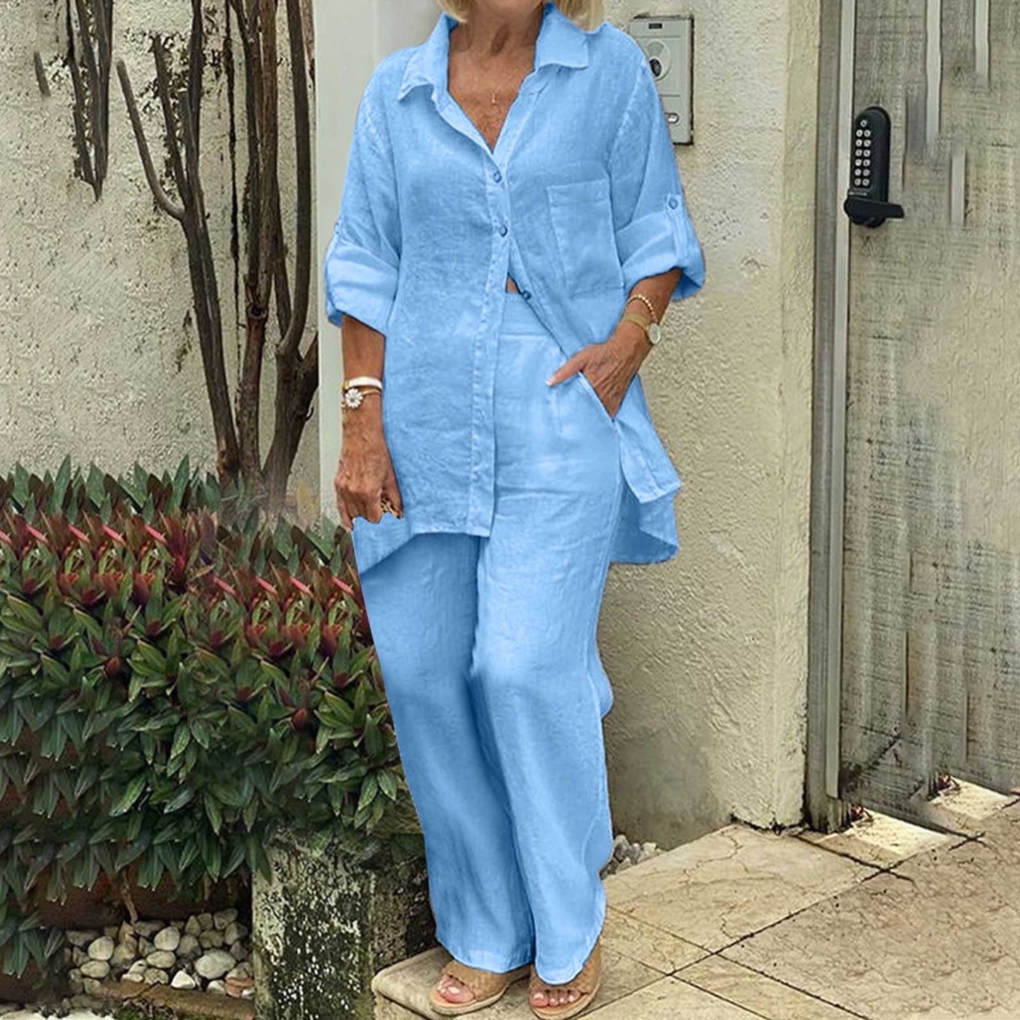 BLVB Women's 2 Piece Cotton Linen Outfit Casual Baggy Long Sleeve Butt