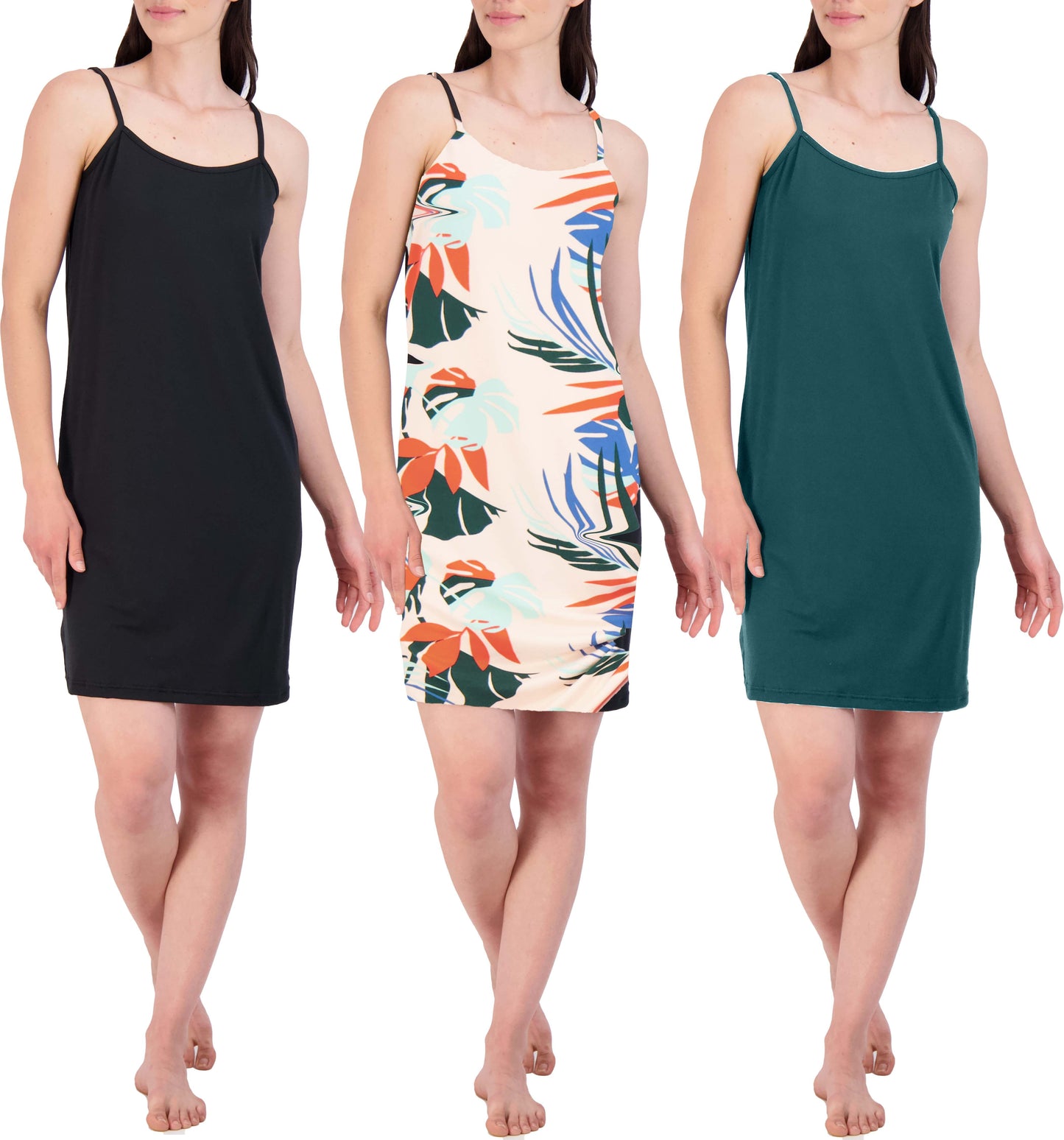 3 Pack: Women's Cami Sleeveless Slip On Night Gown - Chemise Nightgown
