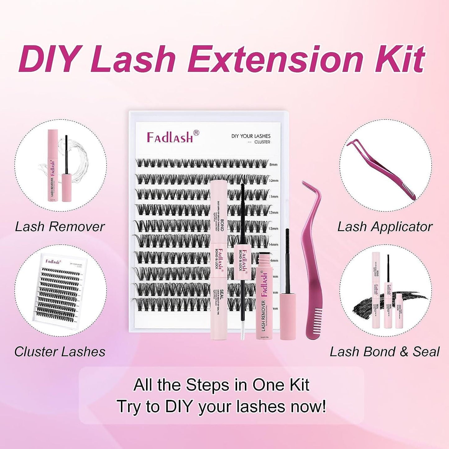 Fadlash DIY Lash Extension Kit, Cluster Lashes kit, with lash bond and
