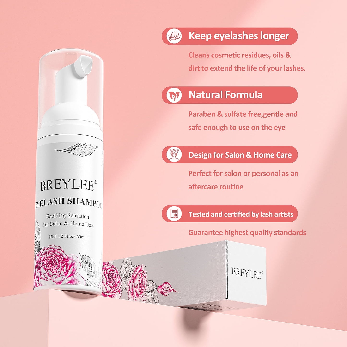 BREYLEE Rose Eyelash Extensions Shampoo 60ml+Rinse Bottle+Wand+Brush E