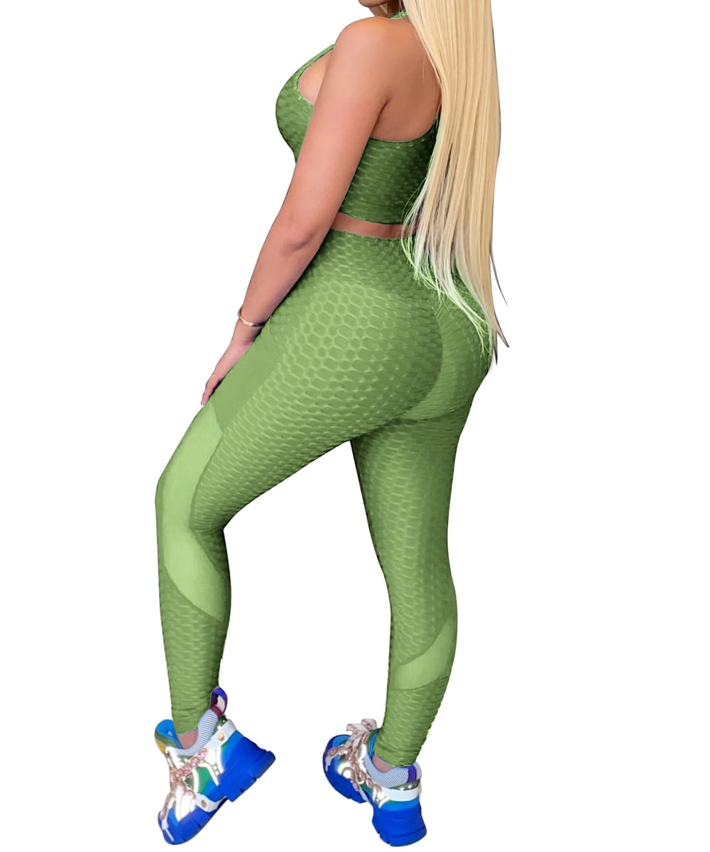 Womens 2PC Butt Lifting Workout Sets Yoga Leggings with Sports Bra Act