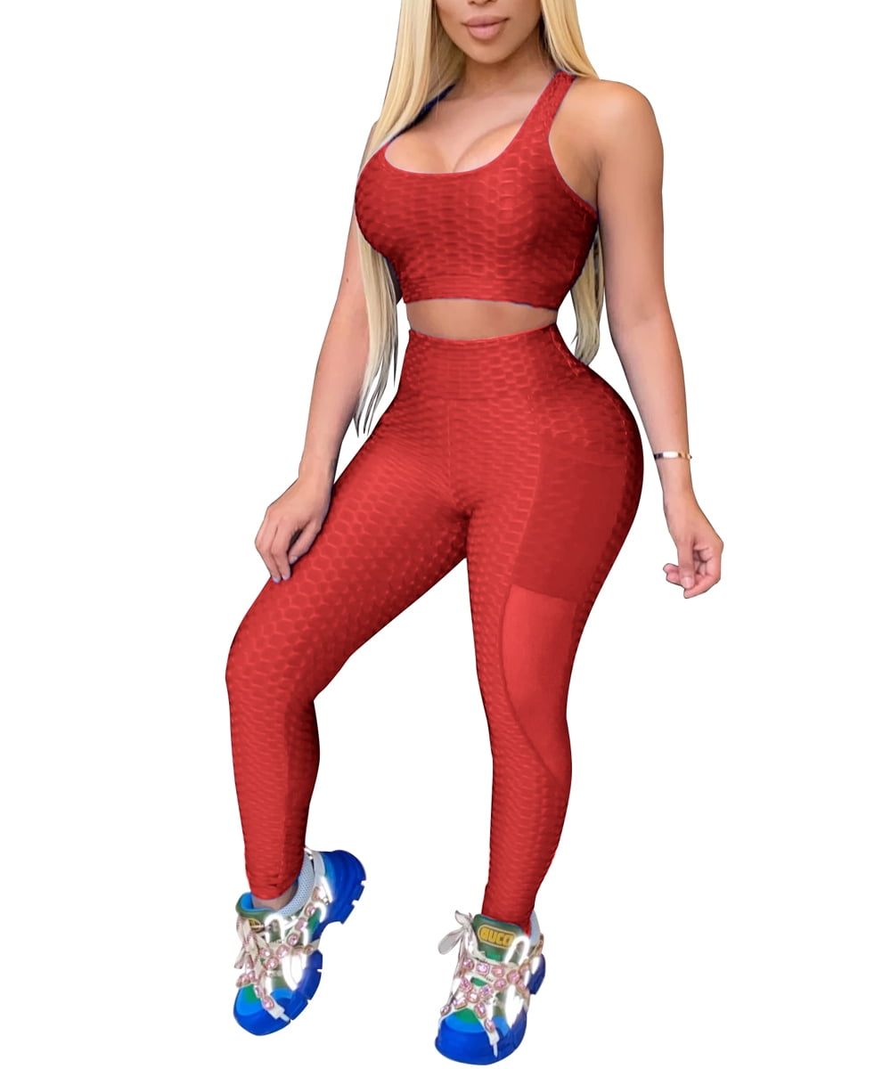 Womens 2PC Butt Lifting Workout Sets Yoga Leggings with Sports Bra Act