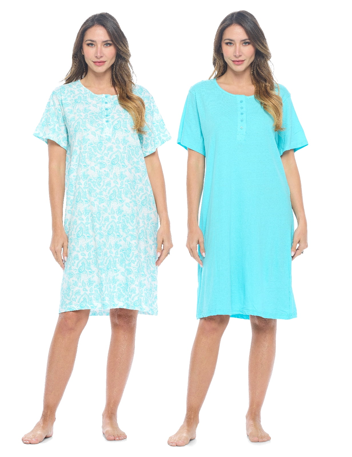 Casual Nights Women's Henley Nightshirts Set of 2, Floral Short Sleeve
