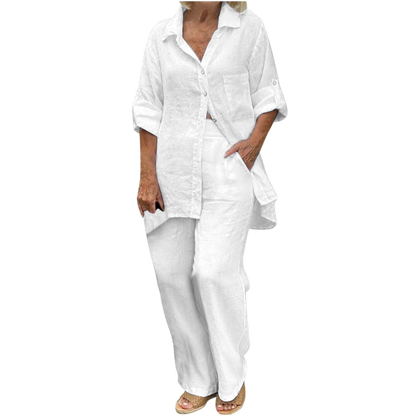 BLVB Women's 2 Piece Cotton Linen Outfit Casual Baggy Long Sleeve Butt