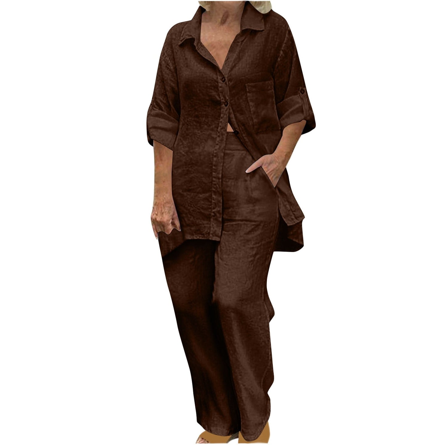 BLVB Women's 2 Piece Cotton Linen Outfit Casual Baggy Long Sleeve Butt