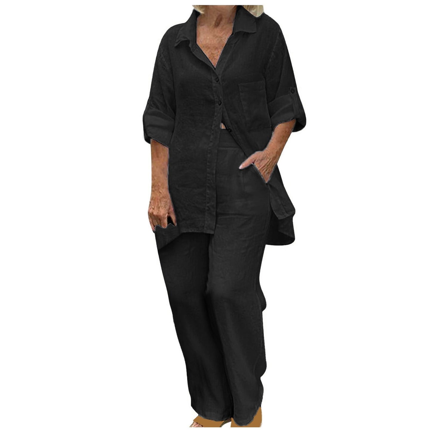 BLVB Women's 2 Piece Cotton Linen Outfit Casual Baggy Long Sleeve Butt