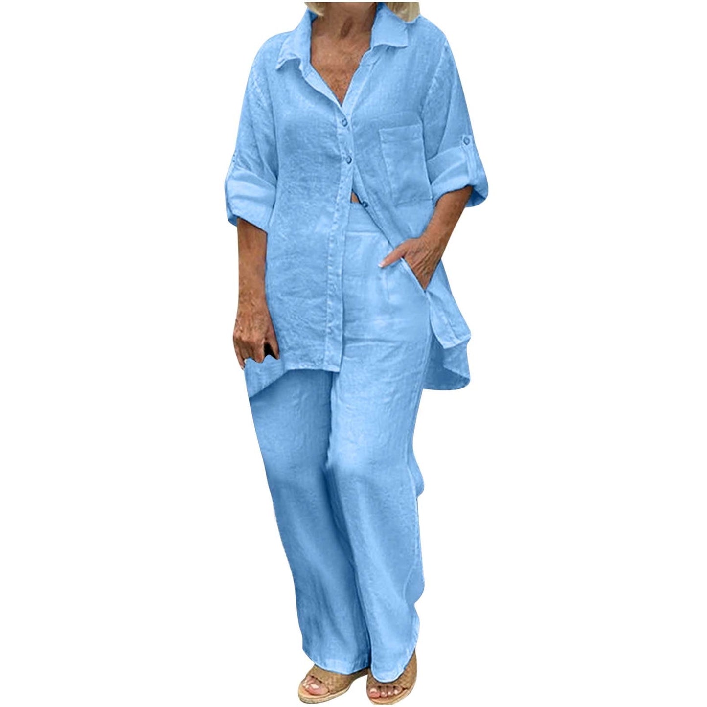 BLVB Women's 2 Piece Cotton Linen Outfit Casual Baggy Long Sleeve Butt