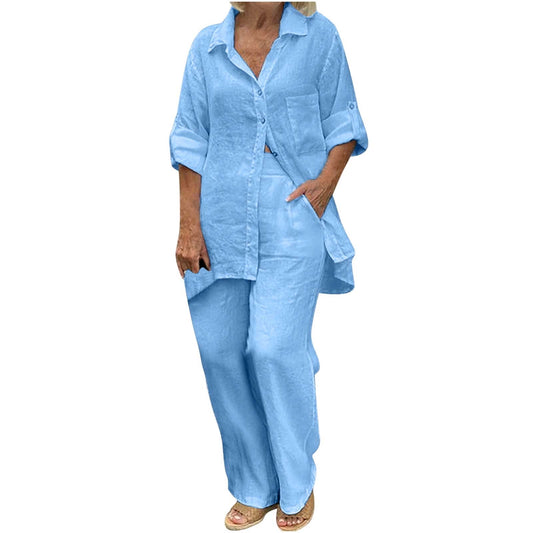 BLVB Women's 2 Piece Cotton Linen Outfit Casual Baggy Long Sleeve Butt