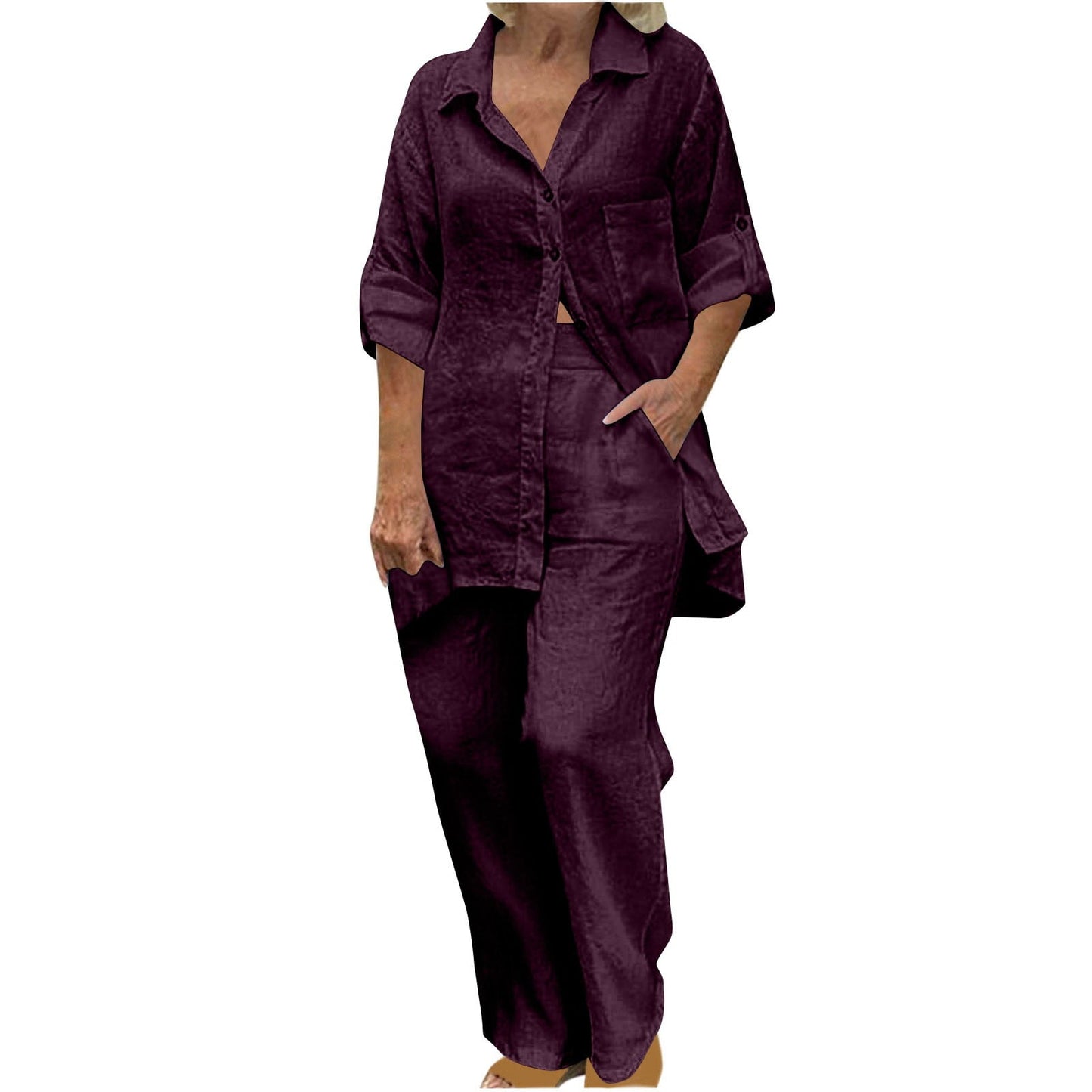 BLVB Women's 2 Piece Cotton Linen Outfit Casual Baggy Long Sleeve Butt