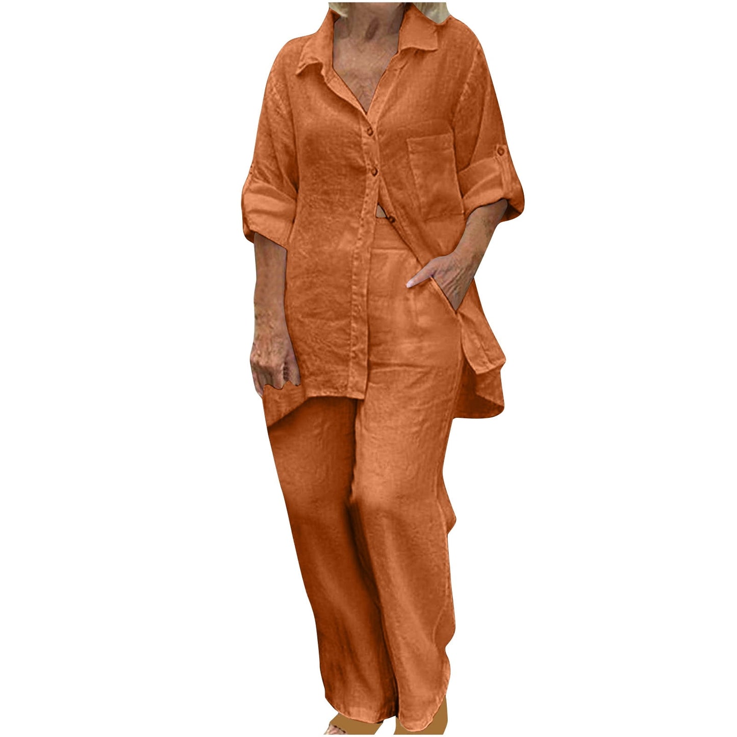 BLVB Women's 2 Piece Cotton Linen Outfit Casual Baggy Long Sleeve Butt
