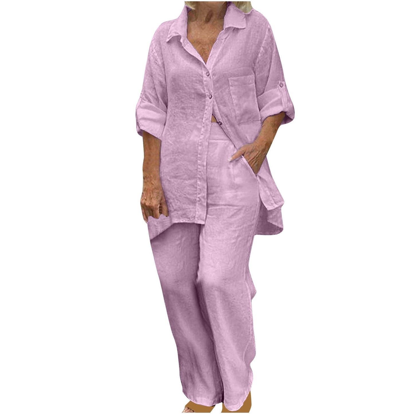 BLVB Women's 2 Piece Cotton Linen Outfit Casual Baggy Long Sleeve Butt