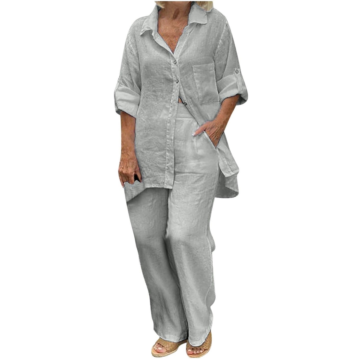 BLVB Women's 2 Piece Cotton Linen Outfit Casual Baggy Long Sleeve Butt
