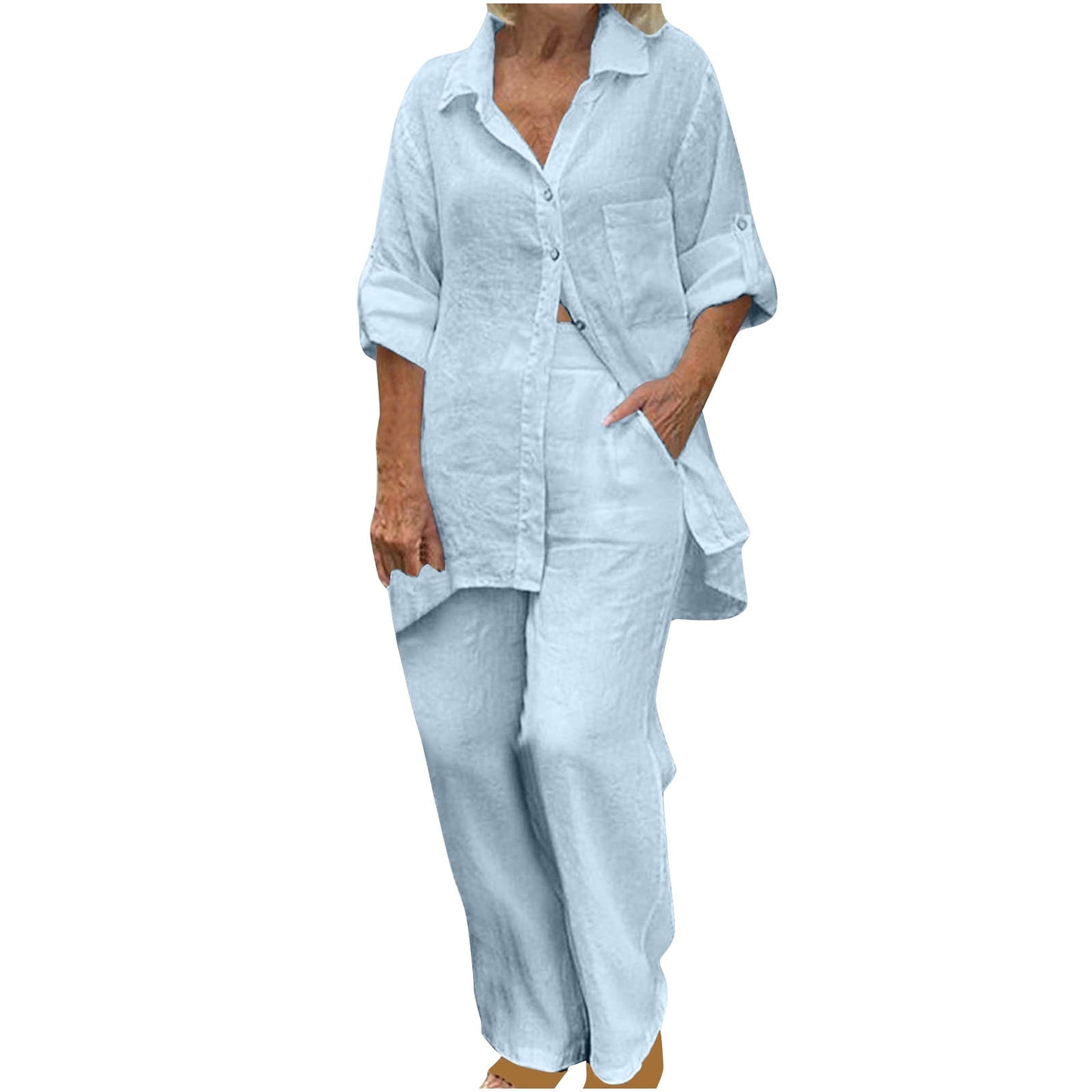 BLVB Women's 2 Piece Cotton Linen Outfit Casual Baggy Long Sleeve Butt