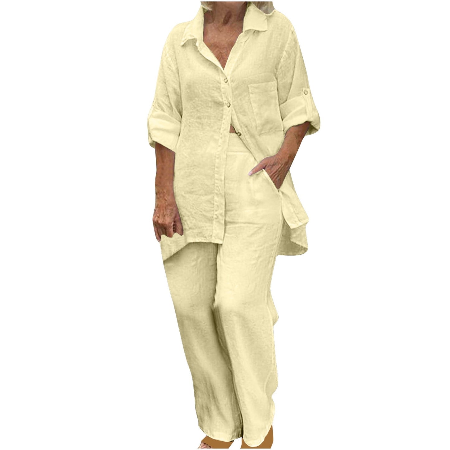 BLVB Women's 2 Piece Cotton Linen Outfit Casual Baggy Long Sleeve Butt