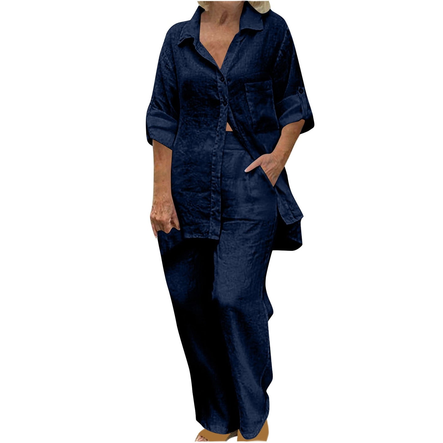 BLVB Women's 2 Piece Cotton Linen Outfit Casual Baggy Long Sleeve Butt