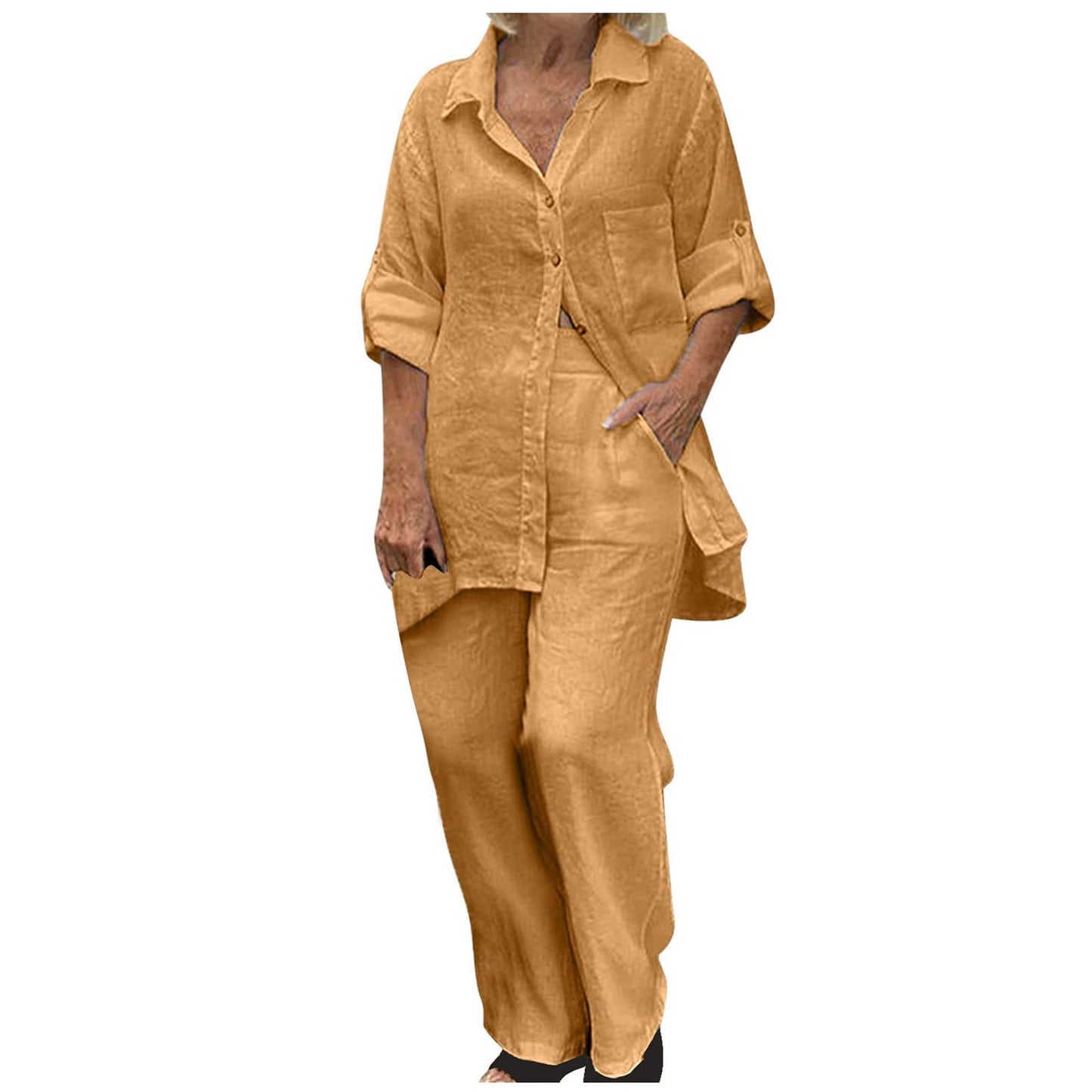 BLVB Women's 2 Piece Cotton Linen Outfit Casual Baggy Long Sleeve Butt