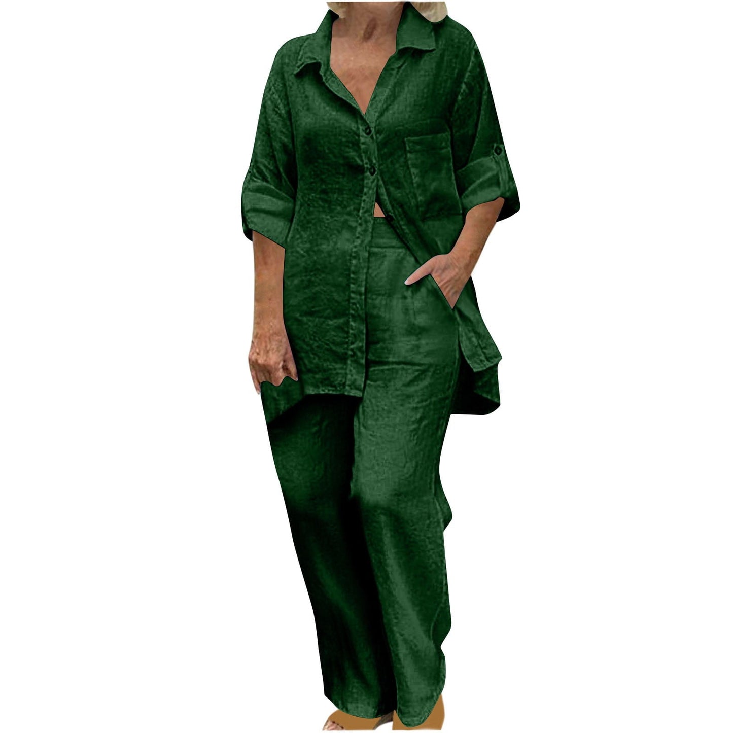 BLVB Women's 2 Piece Cotton Linen Outfit Casual Baggy Long Sleeve Butt
