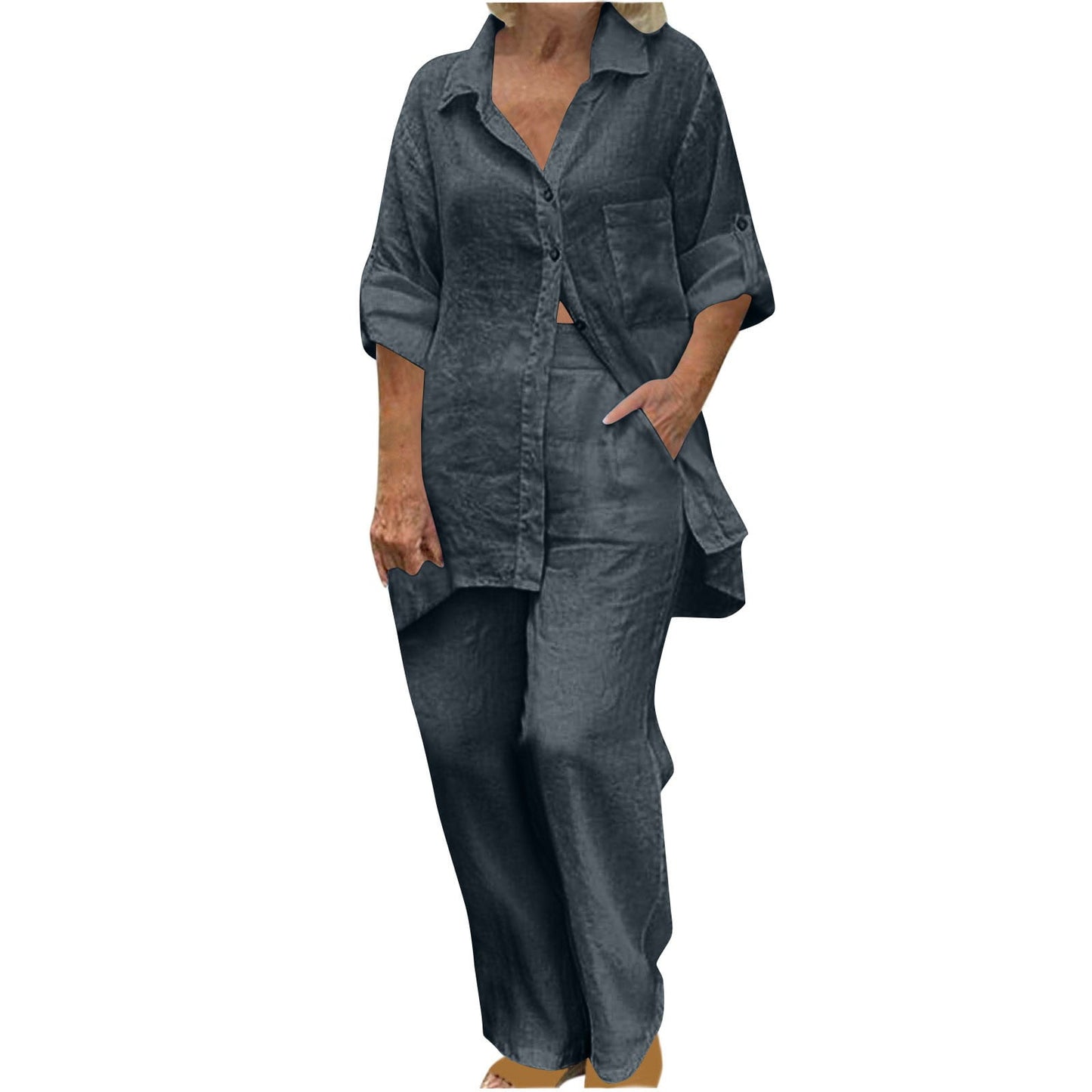 BLVB Women's 2 Piece Cotton Linen Outfit Casual Baggy Long Sleeve Butt