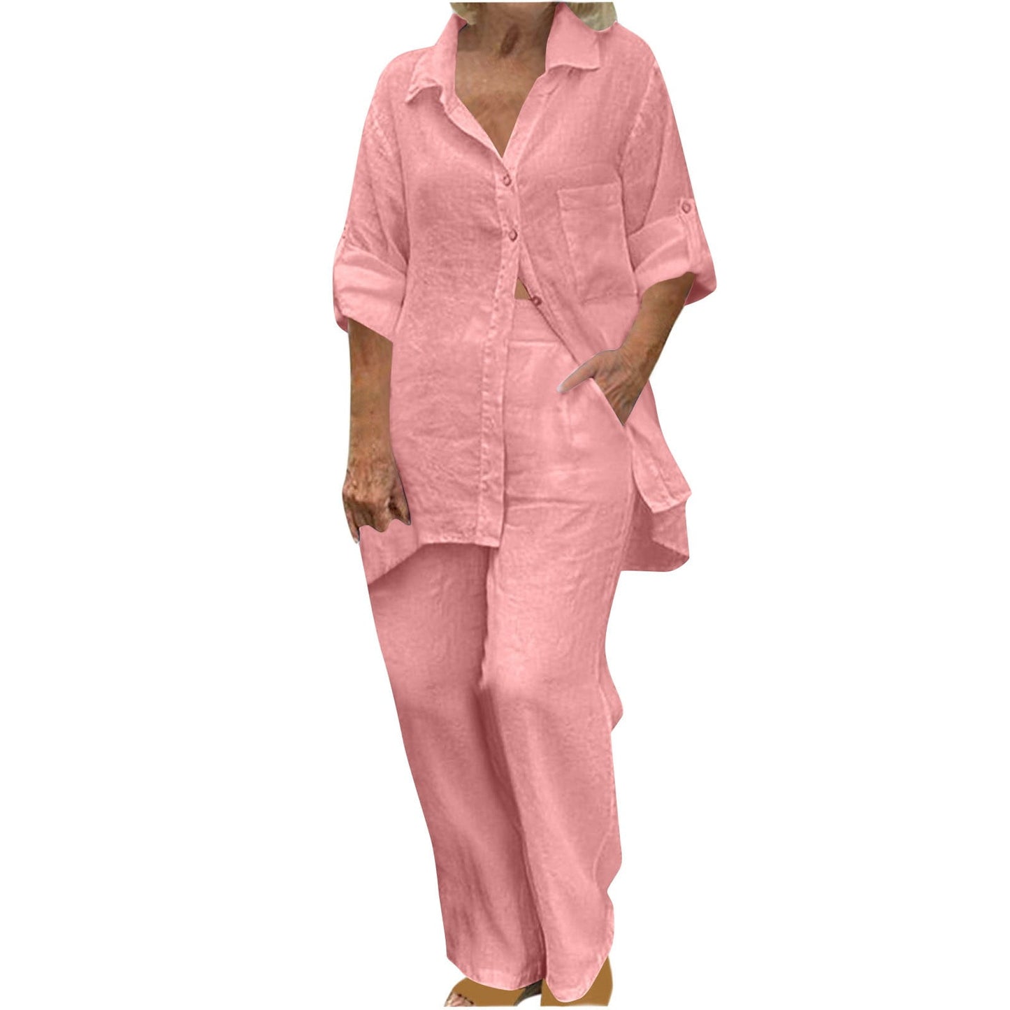 BLVB Women's 2 Piece Cotton Linen Outfit Casual Baggy Long Sleeve Butt