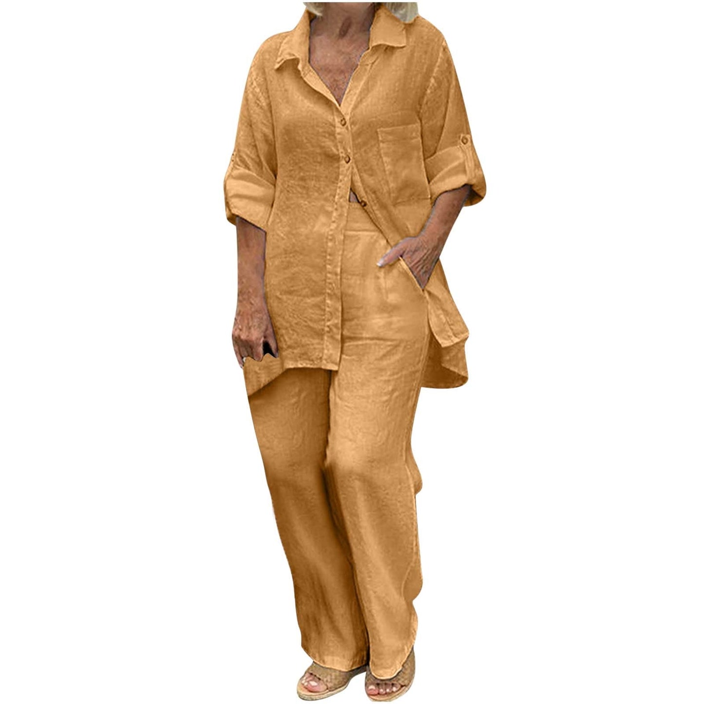 BLVB Women's 2 Piece Cotton Linen Outfit Casual Baggy Long Sleeve Butt
