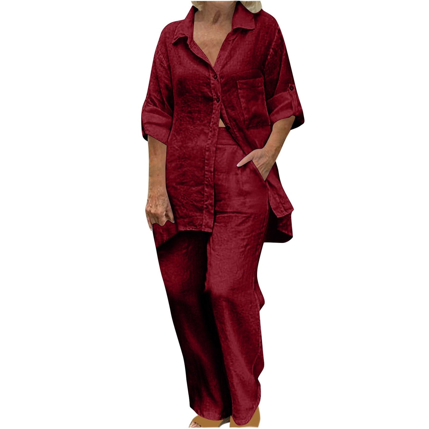 BLVB Women's 2 Piece Cotton Linen Outfit Casual Baggy Long Sleeve Butt