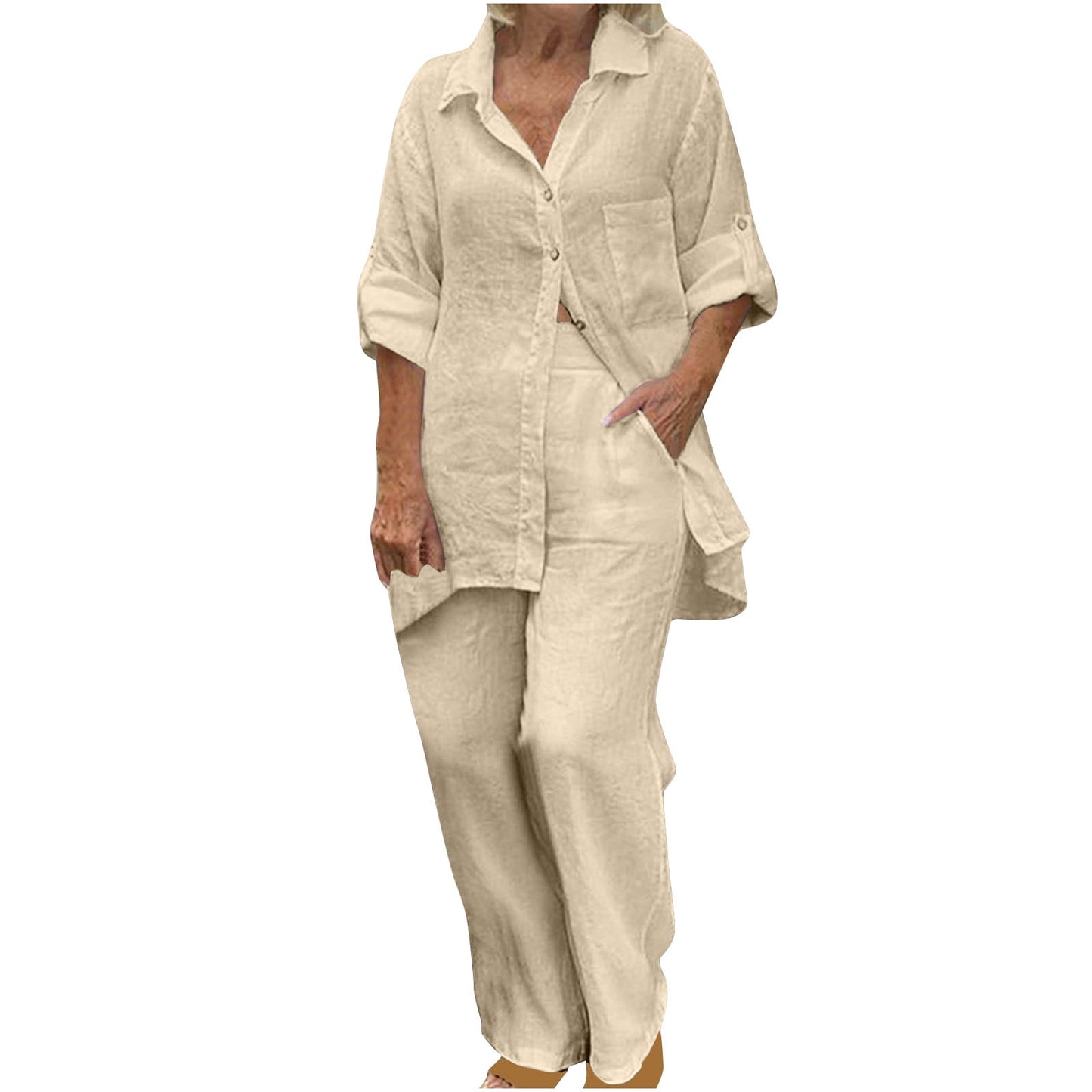BLVB Women's 2 Piece Cotton Linen Outfit Casual Baggy Long Sleeve Butt