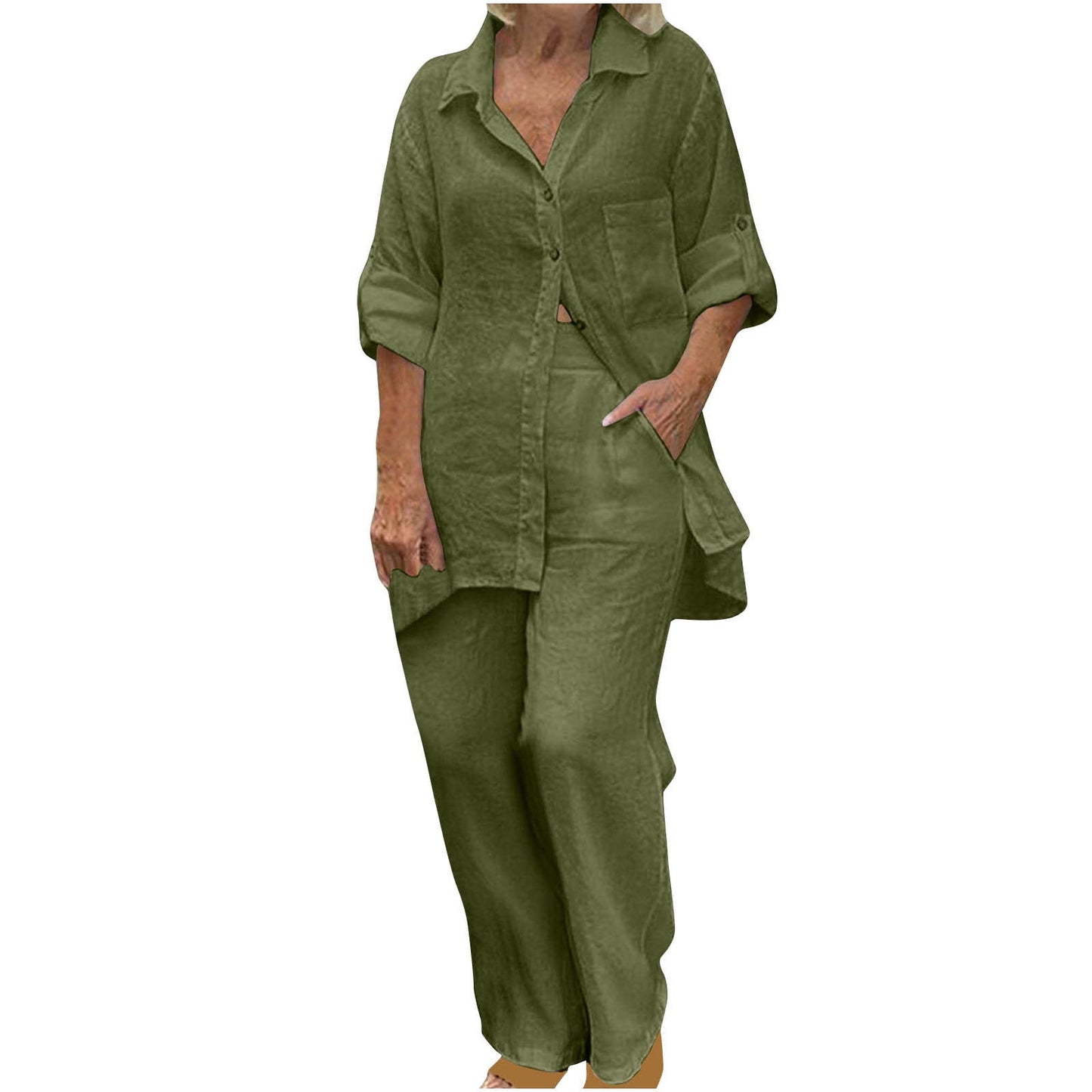 BLVB Women's 2 Piece Cotton Linen Outfit Casual Baggy Long Sleeve Butt