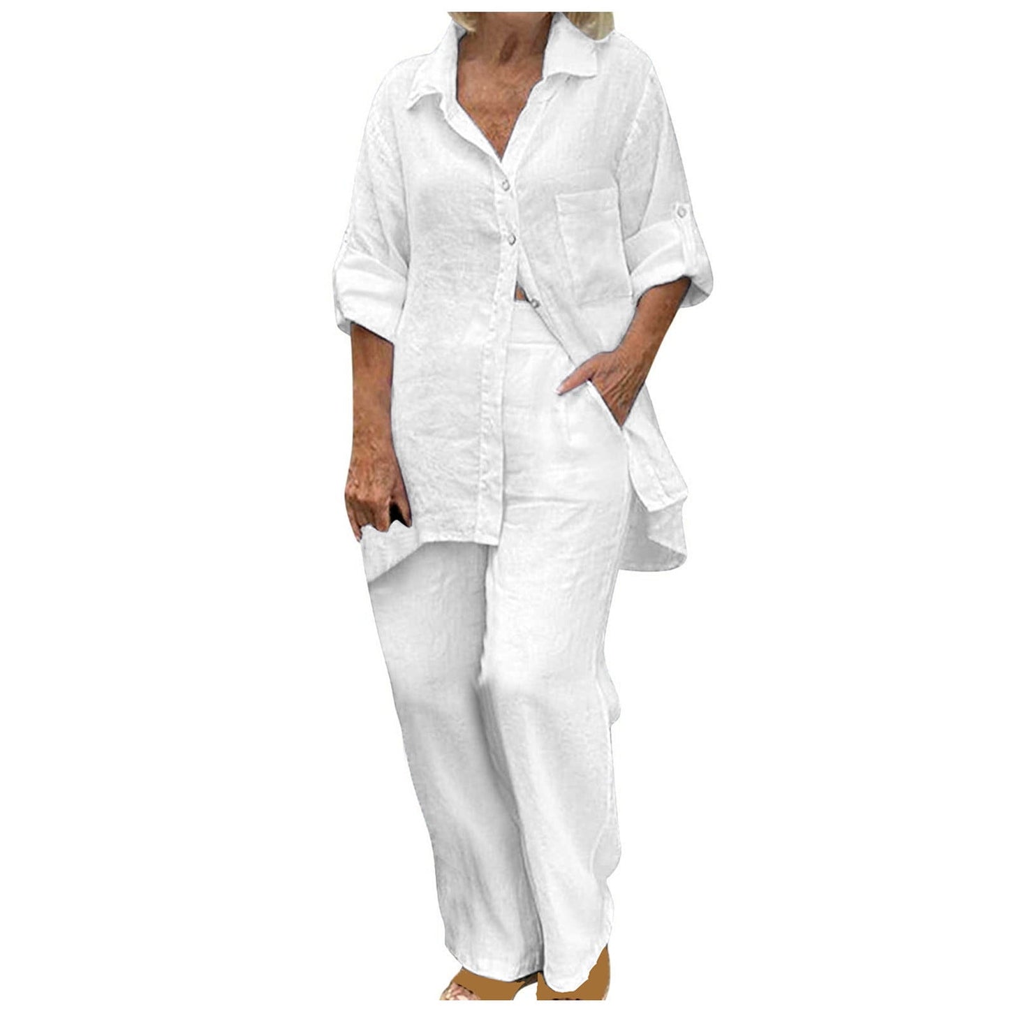 BLVB Women's 2 Piece Cotton Linen Outfit Casual Baggy Long Sleeve Butt