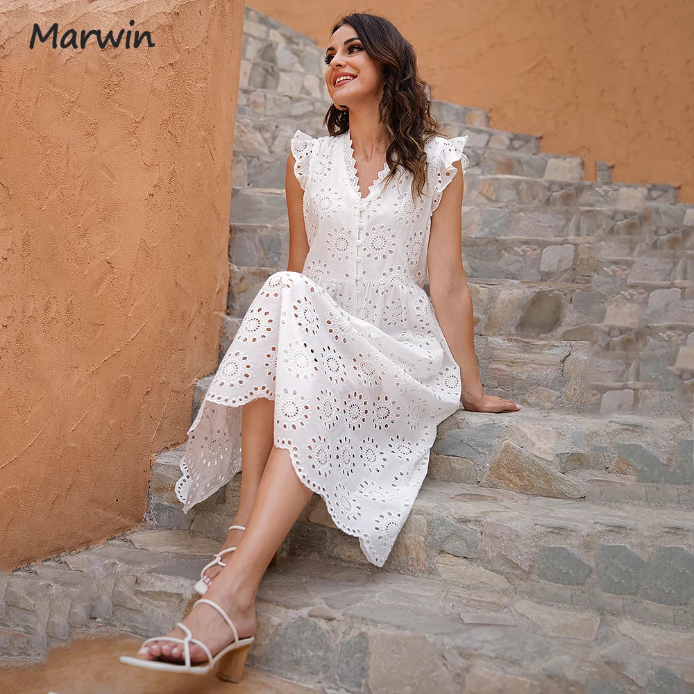Marwin Long Simple Casual Solid Hollow Out Pure Cotton Holiday Style High Waist Fashion Mid-Calf Summer Dresses NEW Vestidos