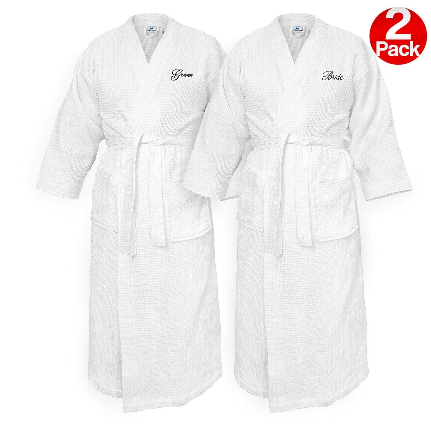 Kaufman - Embroidered Bathrobe Waffle Kimono Set of 2 Spa Robe 100% Co