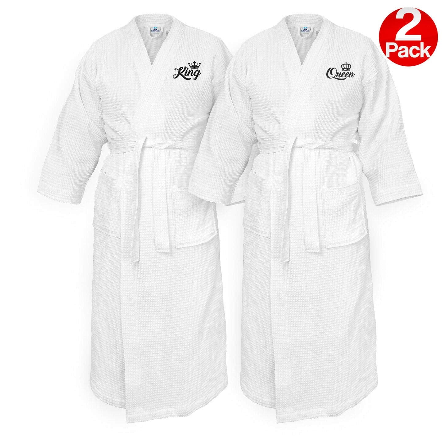 Kaufman - Embroidered Bathrobe Waffle Kimono Set of 2 Spa Robe 100% Co