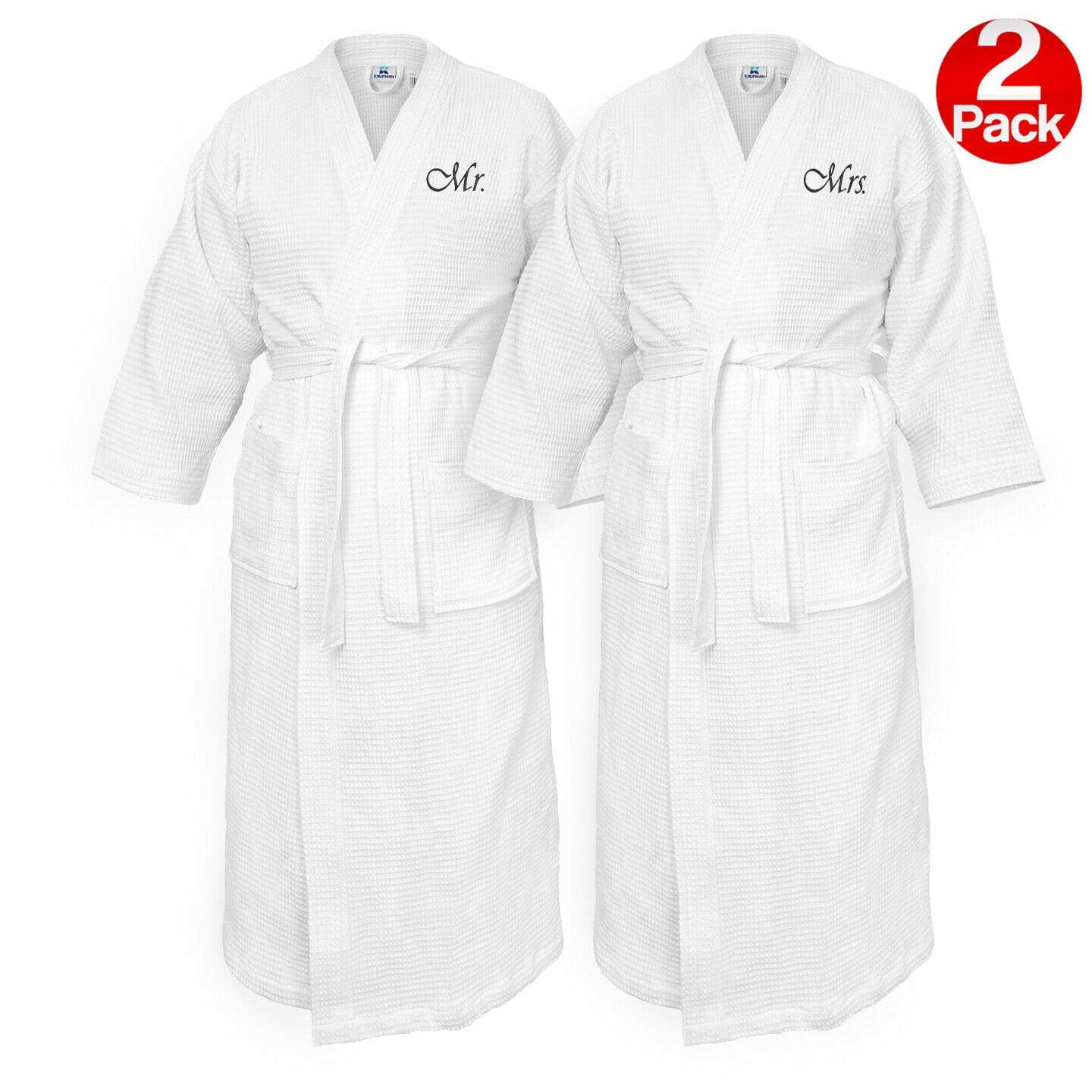 Kaufman - Embroidered Bathrobe Waffle Kimono Set of 2 Spa Robe 100% Co