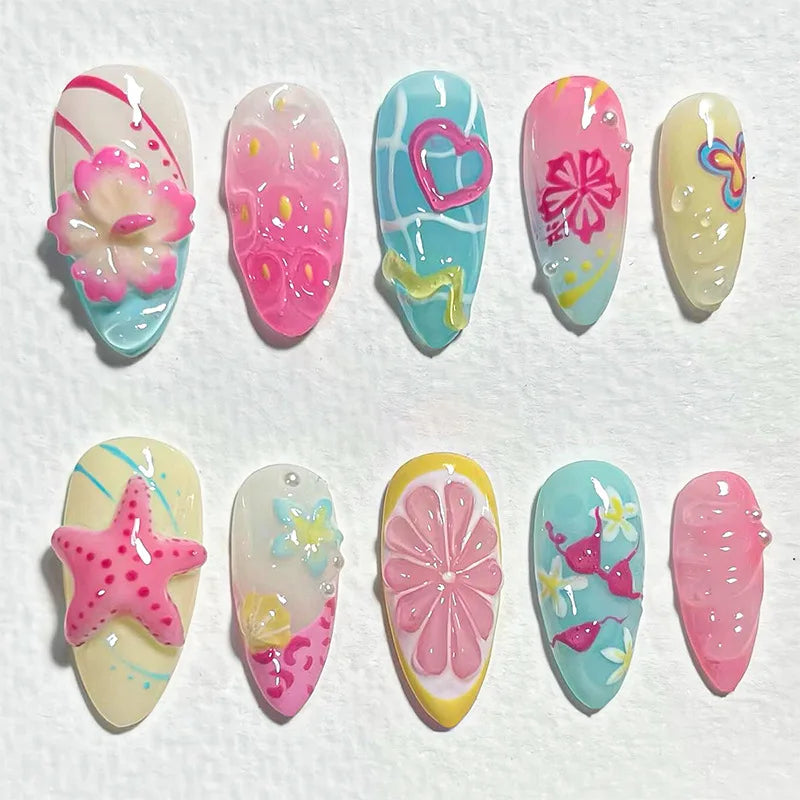 24PCS Spring Summer Pink French Press on Nails Fresh Lemon Strawberry Design Fake Nails for Women Sweet Fruit Almond False Nails