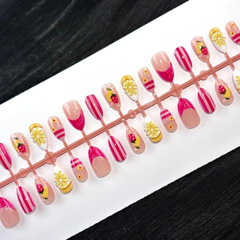 24PCS Spring Summer Pink French Press on Nails Fresh Lemon Strawberry Design Fake Nails for Women Sweet Fruit Almond False Nails