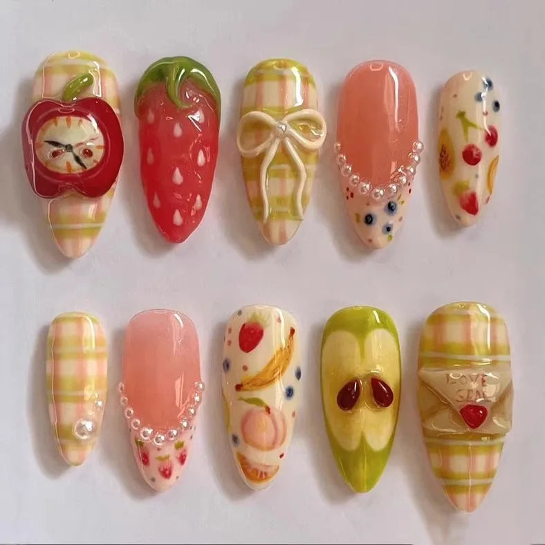 24PCS Spring Summer Pink French Press on Nails Fresh Lemon Strawberry Design Fake Nails for Women Sweet Fruit Almond False Nails