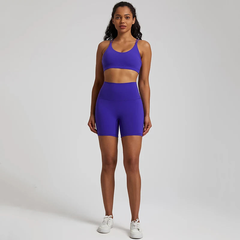 Naked Feel Gym Set Women Workout Clothes High Waist Yoga Shorts and Strappy Sports Bra 2 Piece Short Sets Summer Running Outfits