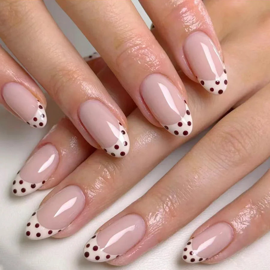 Sweet French Style Medium Almond Press On Nails 24pcs White with Brown Tips and Dots