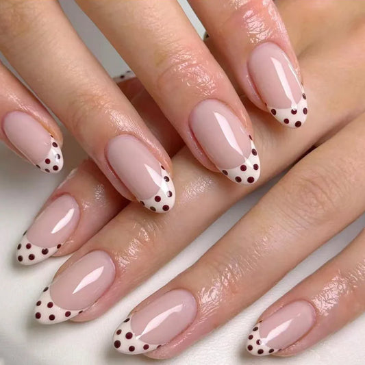 Sweet French Style Medium Almond Press On Nails 24pcs White with Brown Tips and Dots