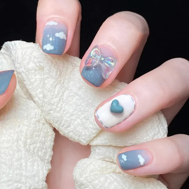 24Pcs Blue Flame Love Wearing False Nails Press On Nail Tips Full Cover Manicure Detachable Special Artificial Fake Nails Art