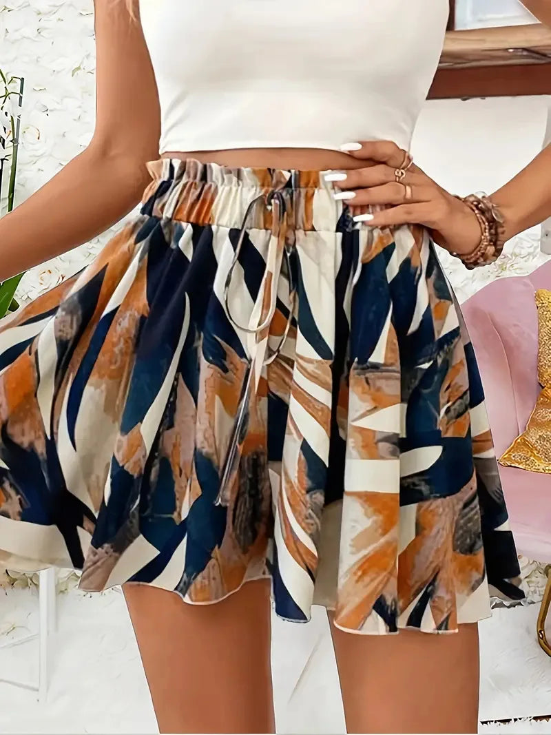 2024 Women's Spring Summer Printed Shorts Skirt Elegant Waist Cinching Loose Shorts