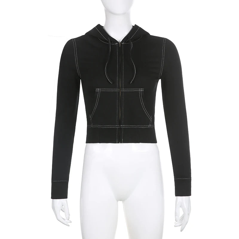 Dourbesty Harajuku Vintage Zip Up Hoodies 90s Aesthetics Y2K Sweatshirts with Pockets E-girls Dark Academia Grunge Coat Crop Top
