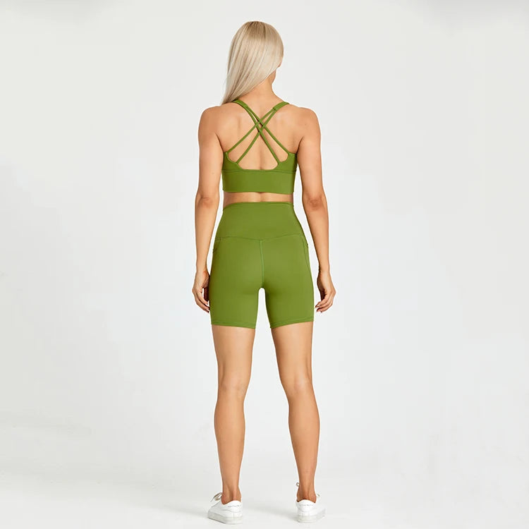 ABS LOLI Pockets Yoga Shorts Set Women Fitness Suit 2 Piece Sports Gym Wear Workout Clothes Running Sportswear Sport Outfit