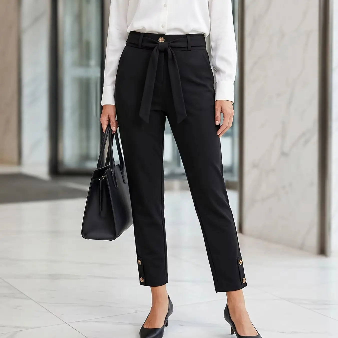 Women's elegant high-waisted formal business trousers with chic button details and cropped length.